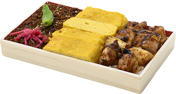 国産焼鳥と親鶏そぼろのだし巻き玉子重（玄米）